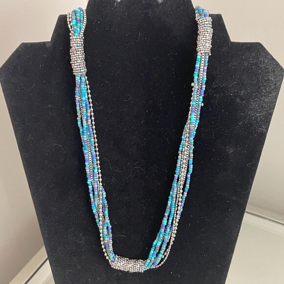 Multi Strand Blue Faux Turquoise Beads and Silver Long Necklace - Picture 1 of 4
